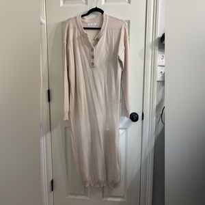 Long Sleeve Knit Henley Maxi Dress in Light Beige